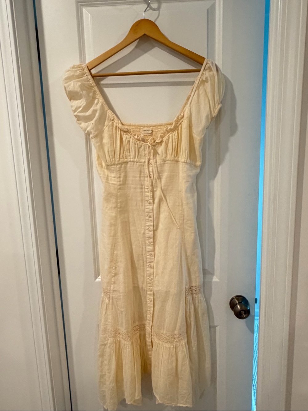 Urban Outfitters Cream Button-Front Midi Dress with Puff Sleeves